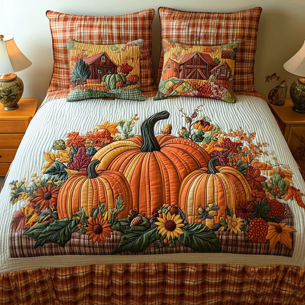 Pumpkin Valley quilted 3-piece bedding set on a made bed against a dark styled interior