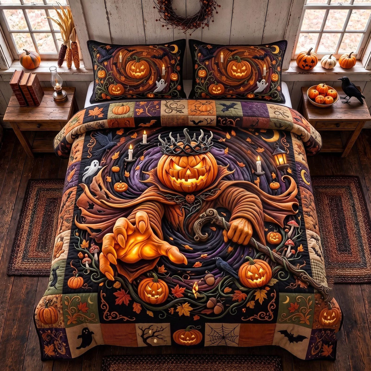 Pumpkin Vortex quilted 3-piece bedding set on a made bed against a dark styled interior