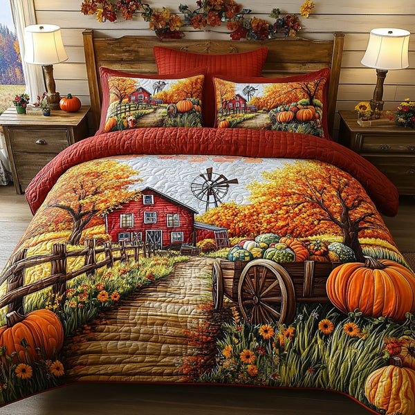 Pumpkin Wagon quilted 3-piece bedding set on a made bed against a dark styled interior
