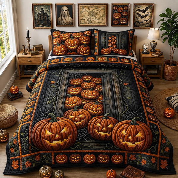 Pumpkin Watch quilted 3-piece bedding set on a made bed against a dark styled interior
