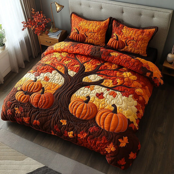 Pumpkin Whimsy quilted 3-piece bedding set on a made bed against a dark styled interior