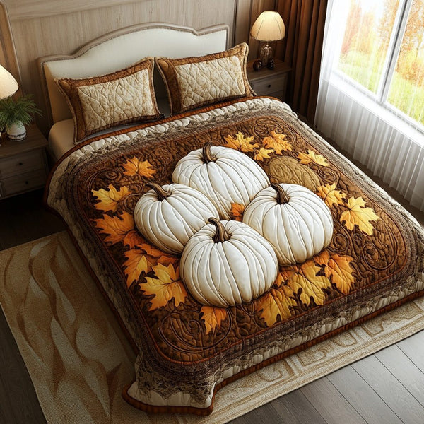 Pumpkin Whispers quilted 3-piece bedding set on a made bed against a dark styled interior