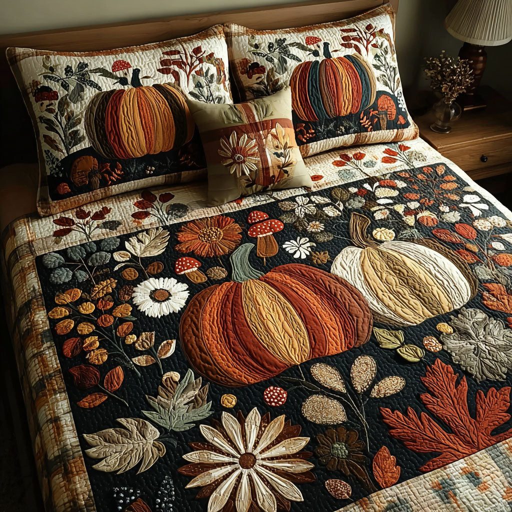 Pumpkin Wonderland quilted 3-piece bedding set on a made bed against a dark styled interior