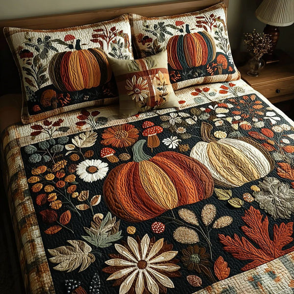 Pumpkin Wonderland quilted 3-piece bedding set on a made bed against a dark styled interior