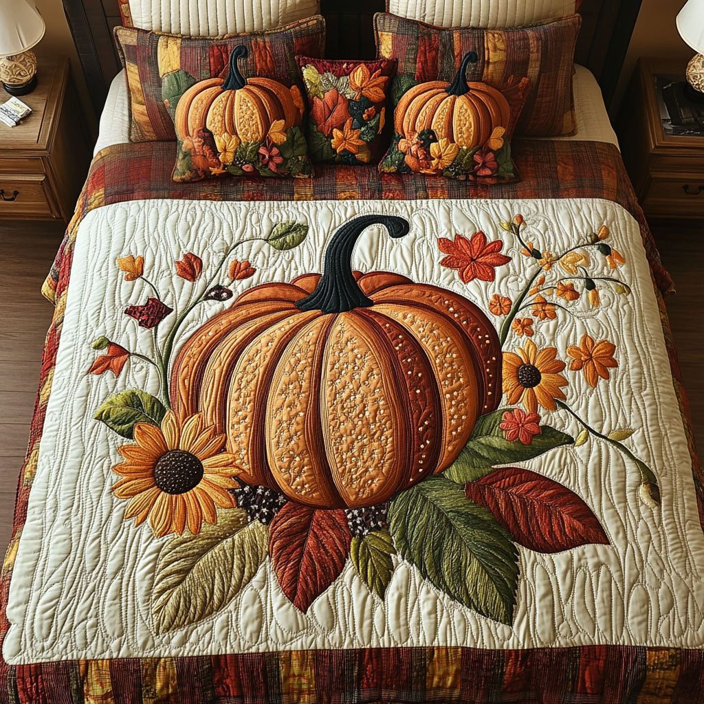 Pumpkins in Bloom quilted 3-piece bedding set on a made bed against a dark styled interior