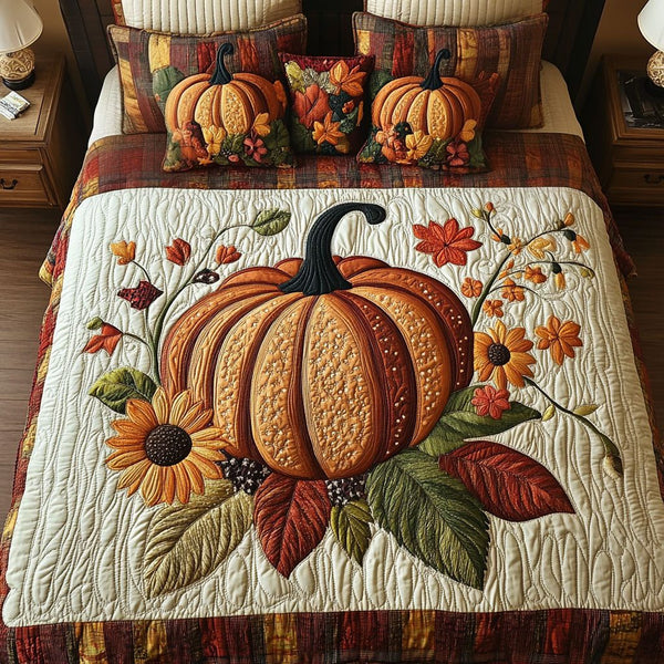 Pumpkins in Bloom quilted 3-piece bedding set on a made bed against a dark styled interior