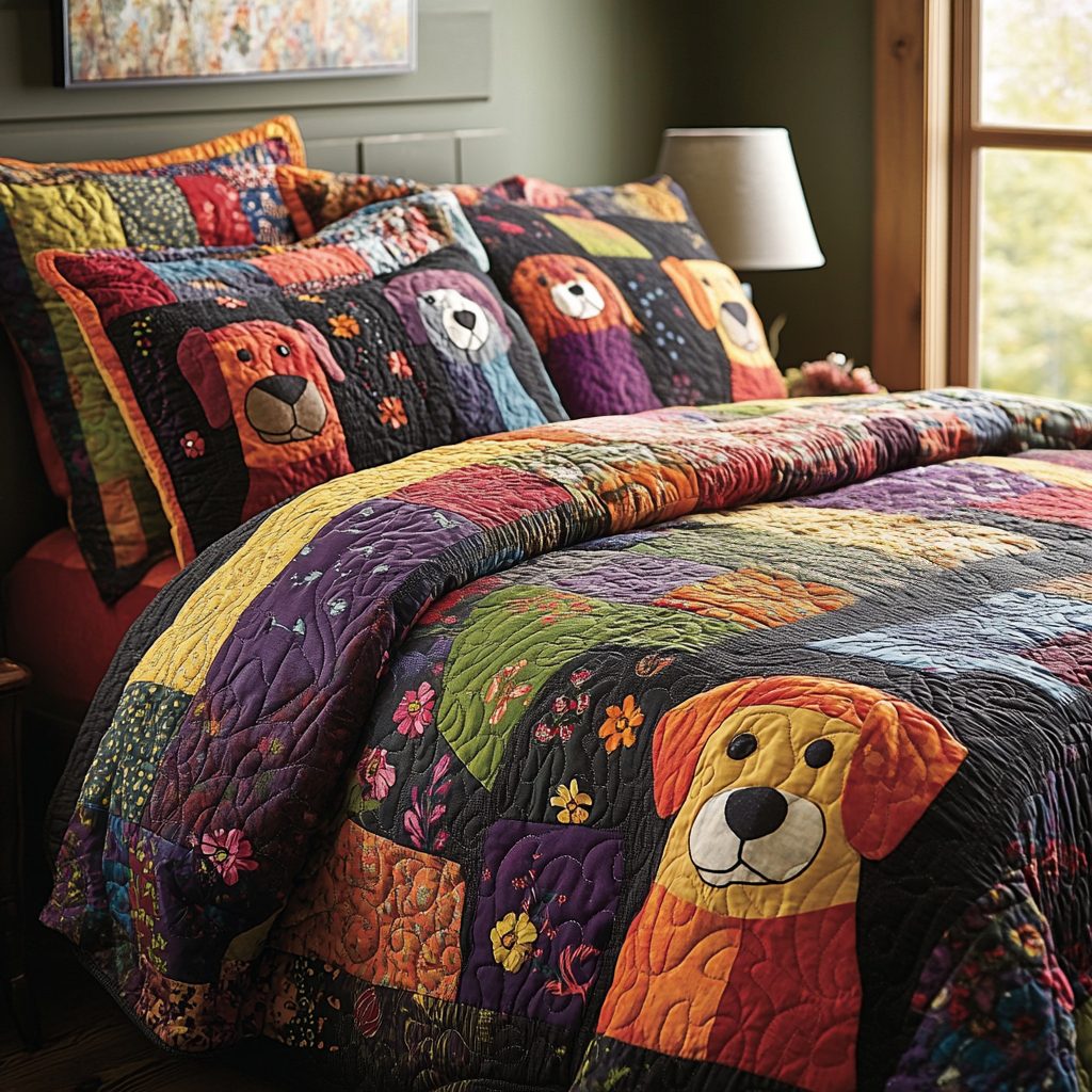 Pupper Patch Parade quilted 3-piece bedding set on a made bed with two matching pillow shams