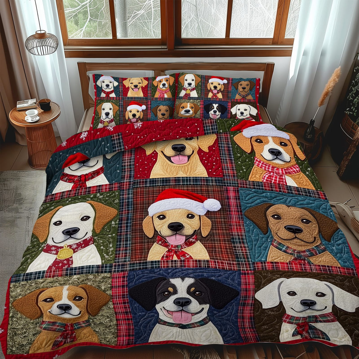 Puppy Christmas Cheer quilted 3-piece bedding set on a made bed in a winter-styled bedroom