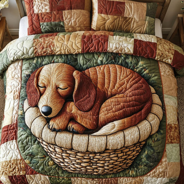 Puppy Comfort quilted 3-piece bedding set on a made bed with two matching pillow shams