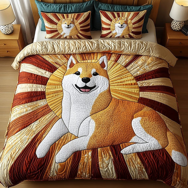 Puppy Hug quilted 3-piece bedding set on a made bed with two matching pillow shams