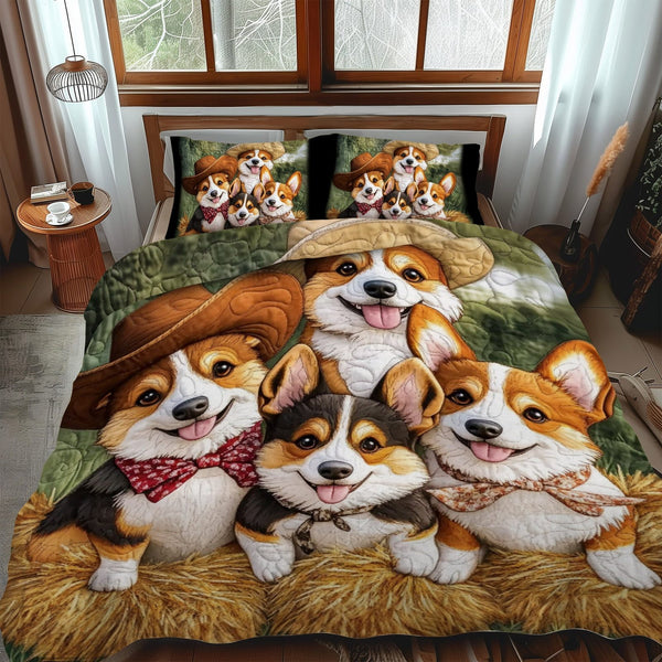 Puppy Joy quilted 3-piece bedding set on a made bed with two matching pillow shams