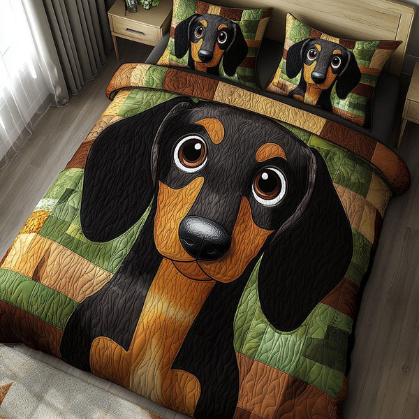 Puppy Patch quilted 3-piece bedding set on a made bed with two matching pillow shams