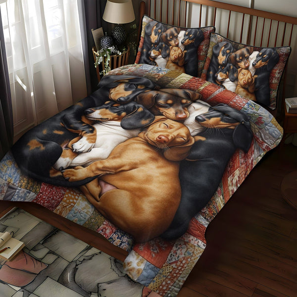 Puppy Pile quilted 3-piece bedding set on a made bed with two matching pillow shams