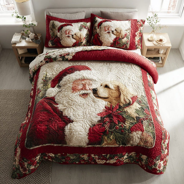 Puppy Santa Claus quilted 3-piece bedding set on a made bed in a winter-styled bedroom