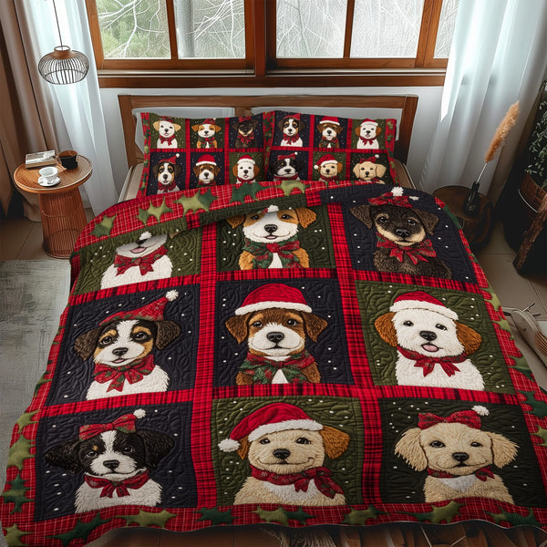 Puppy Winter Dreams quilted 3-piece bedding set on a made bed in a winter-styled bedroom