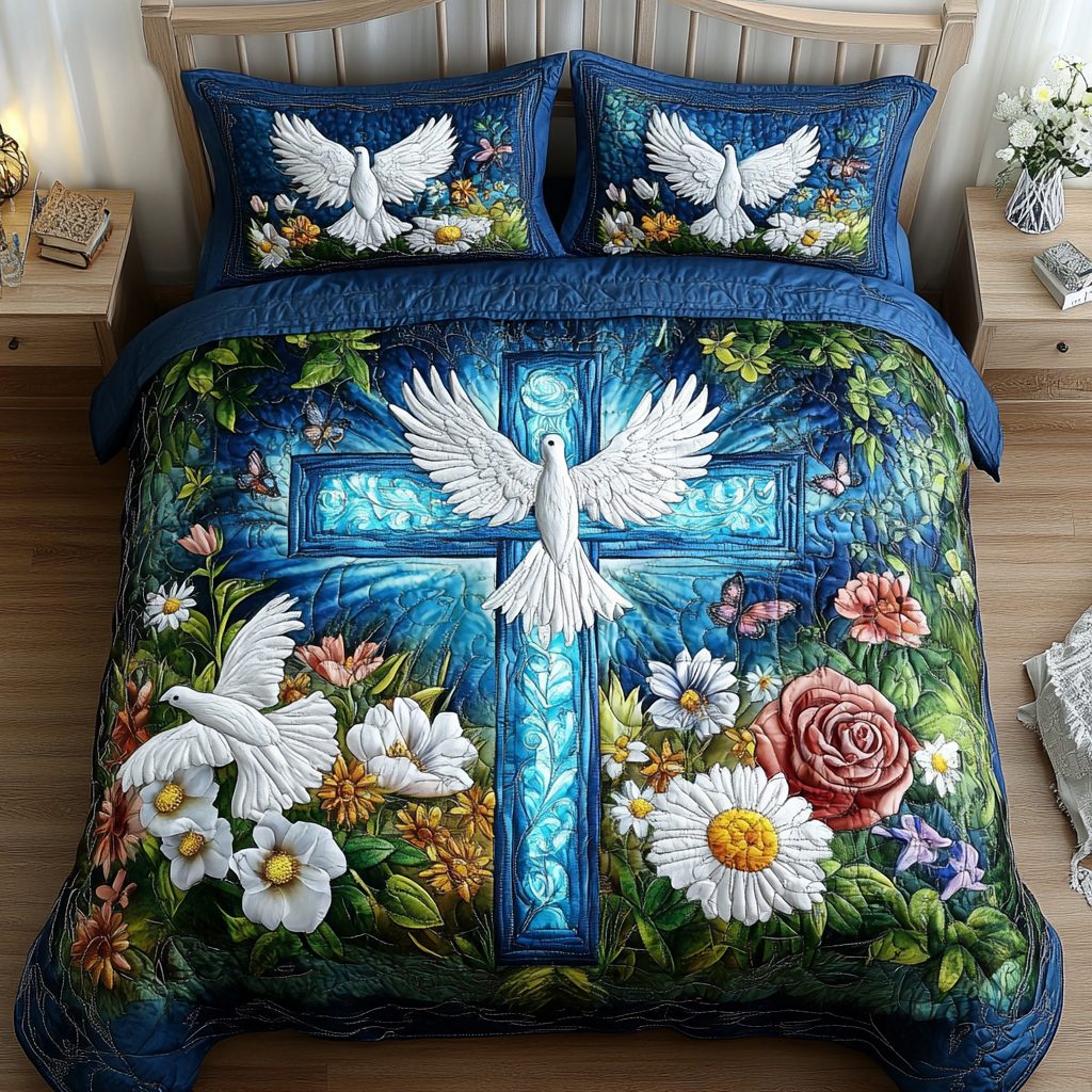 Pure Cross quilted 3-piece bedding set on a made bed in a softly lit bedroom