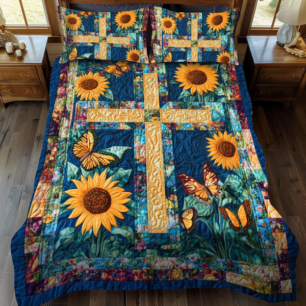 Pure Cross quilted 3-piece bedding set on a made bed in a softly lit bedroom