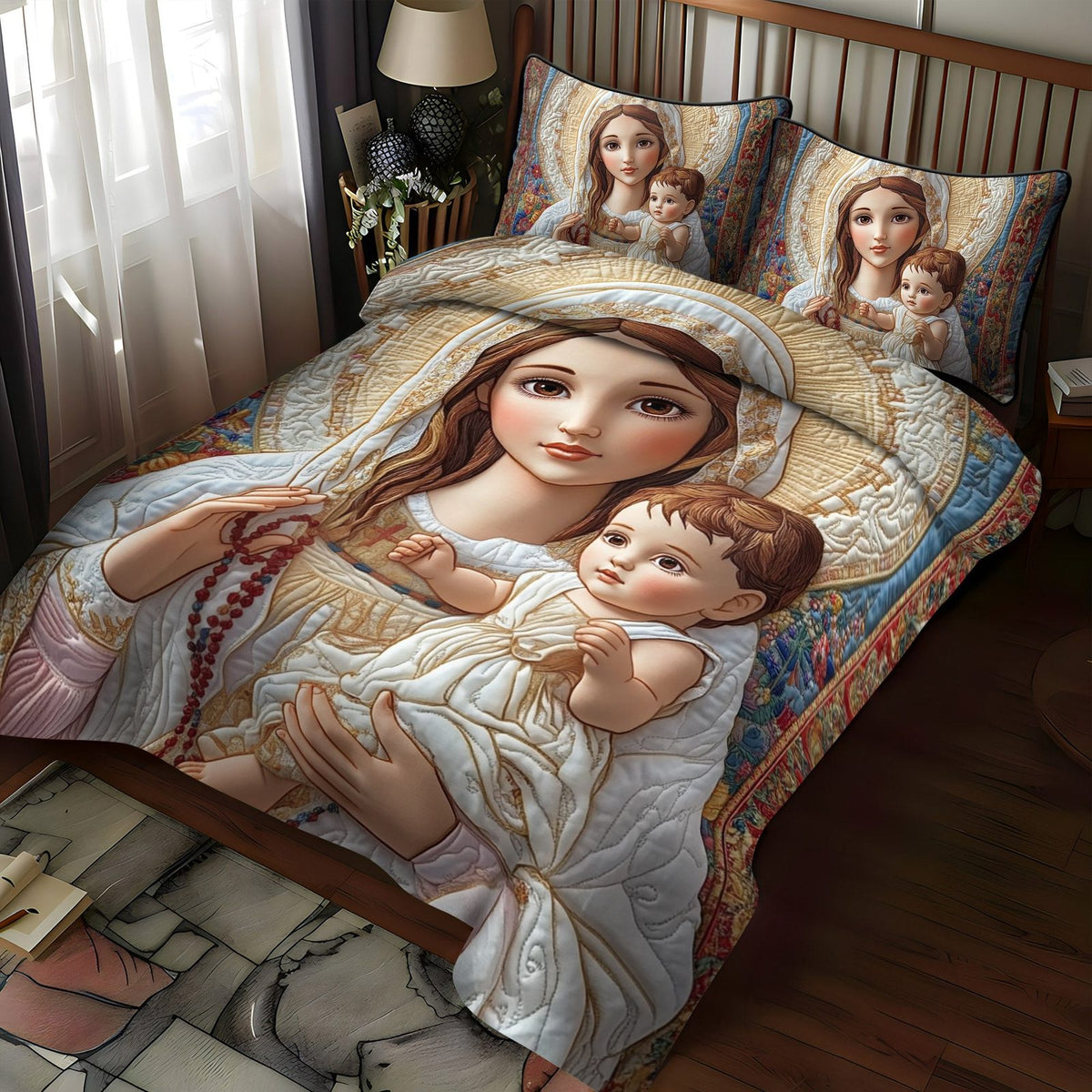 Pure Devotion quilted 3-piece bedding set on a made bed with two matching pillow shams