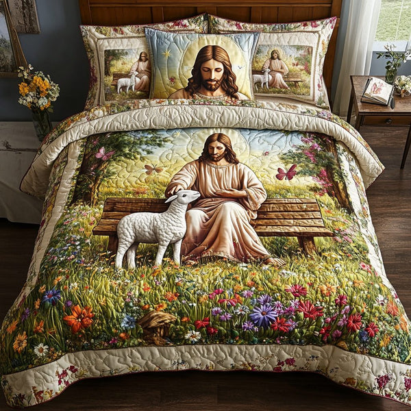 Pure Lamb quilted 3-piece bedding set on a made bed with two matching pillow shams