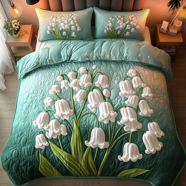 Pure Lilies quilted 3-piece bedding set on a made bed with two matching pillow shams