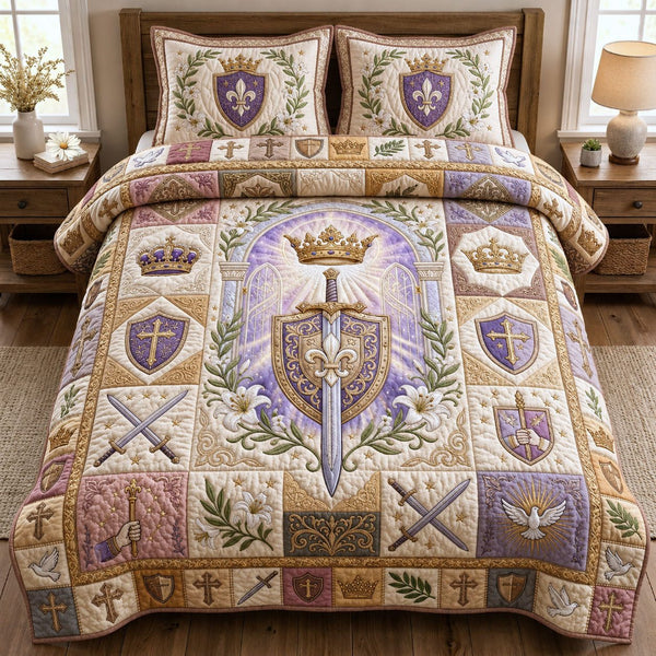 Purple Armor Of God quilted 3-piece bedding set on a made bed in a softly lit bedroom