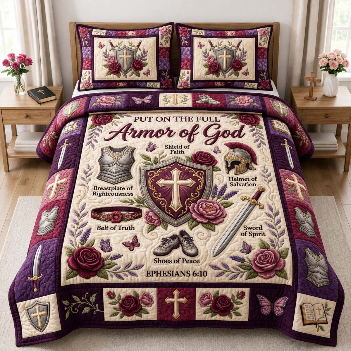 Purple Armor Prayer quilted 3-piece bedding set on a made bed in a softly lit bedroom