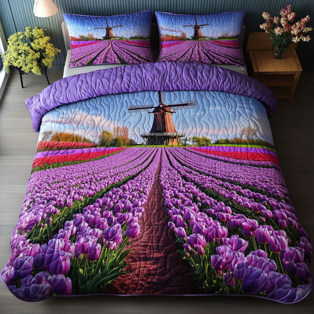 Purple Bloomscape quilted 3-piece bedding set on a made bed with two matching pillow shams