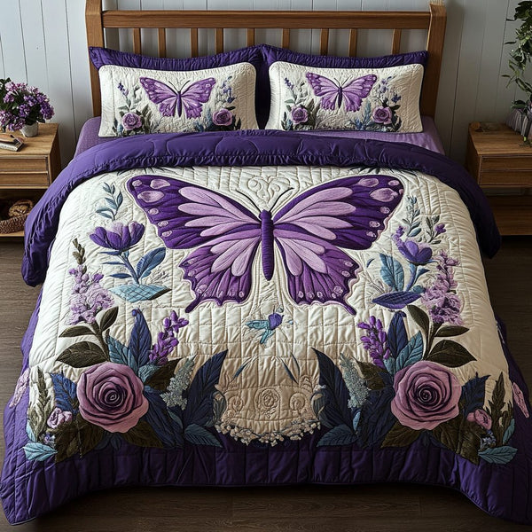 Purple Breeze quilted 3-piece bedding set on a made bed with two matching pillow shams