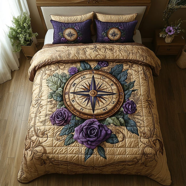 Purple Compass quilted 3-piece bedding set on a made bed with two matching pillow shams