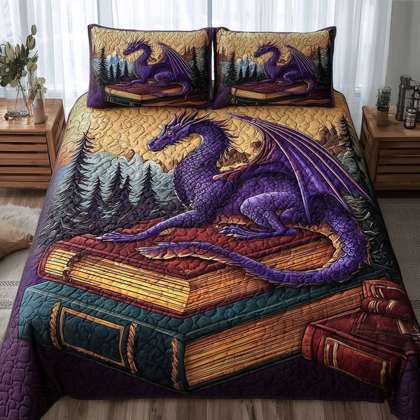 Purple Dragon quilted 3-piece bedding set on a made bed with two matching pillow shams