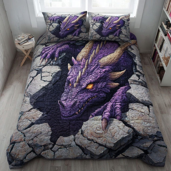 Purple Ember quilted 3-piece bedding set on a made bed with two matching pillow shams