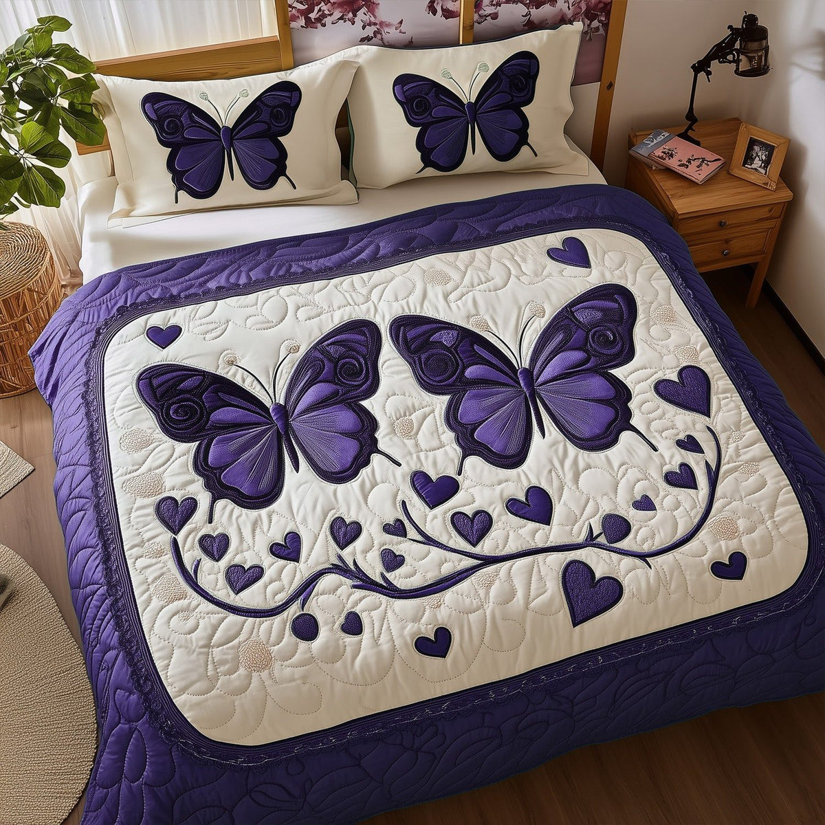 Purple Fluttery Love quilted 3-piece bedding set on a made bed with two matching pillow shams
