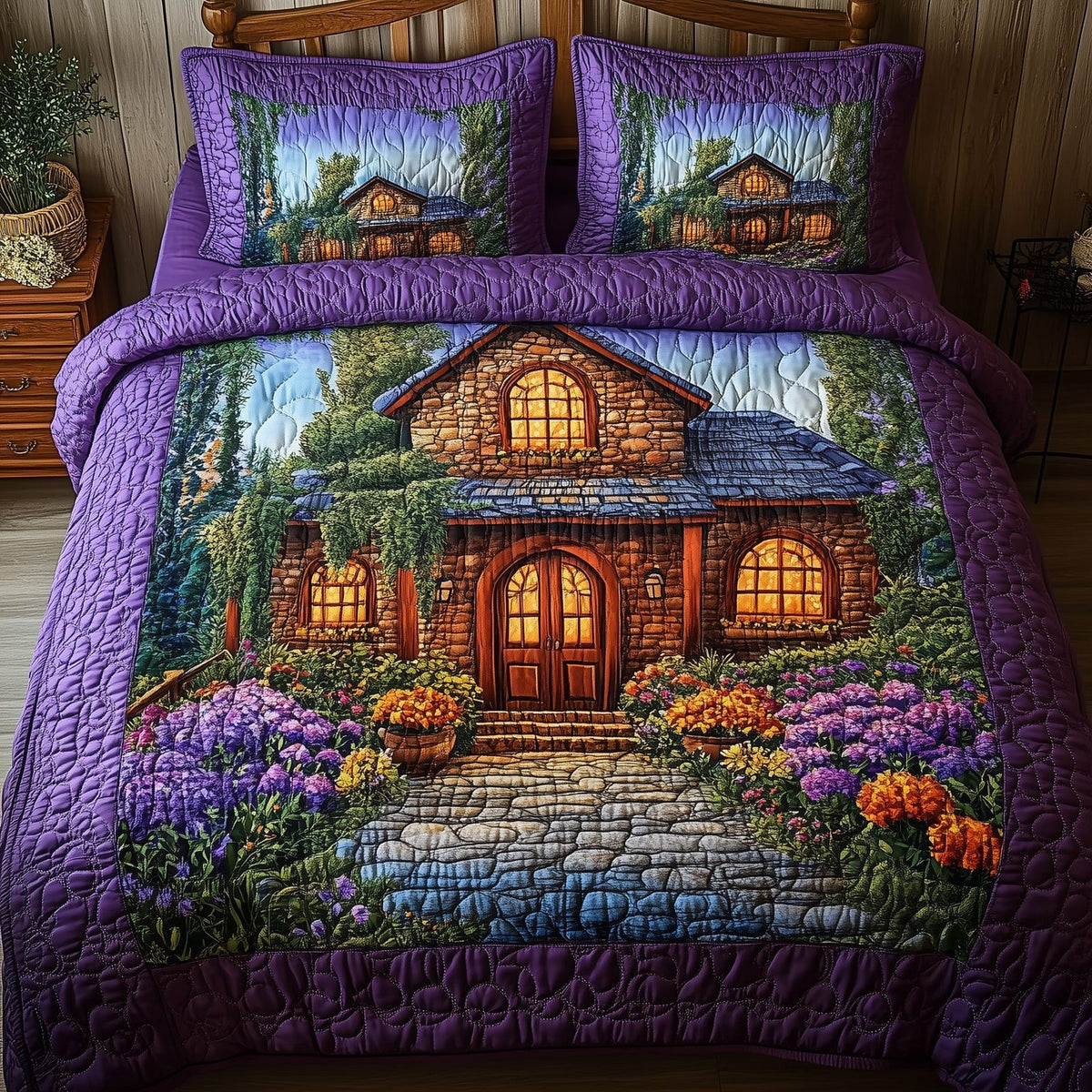 Purple Harmony quilted 3-piece bedding set on a made bed with two matching pillow shams