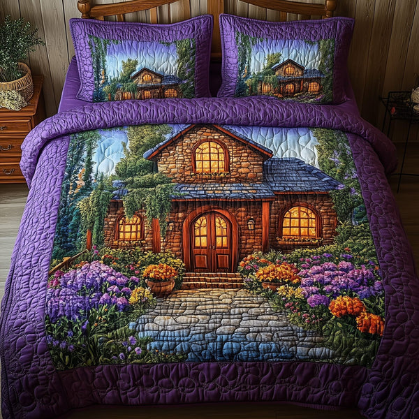Purple Harmony quilted 3-piece bedding set on a made bed with two matching pillow shams