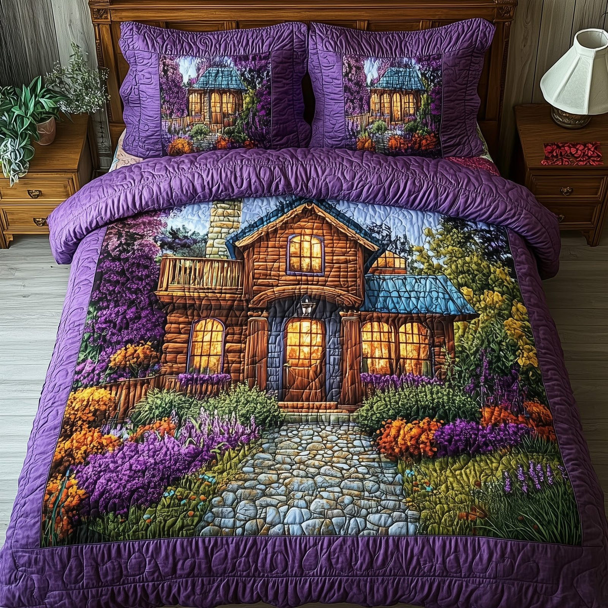 Purple Harmony quilted 3-piece bedding set on a made bed with two matching pillow shams