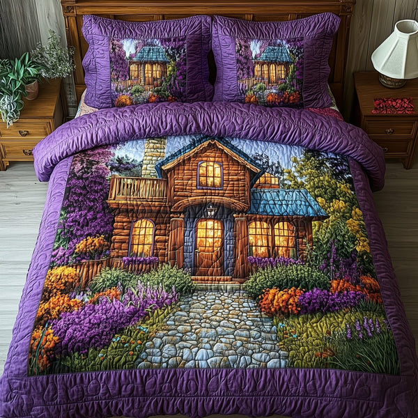 Purple Harmony quilted 3-piece bedding set on a made bed with two matching pillow shams