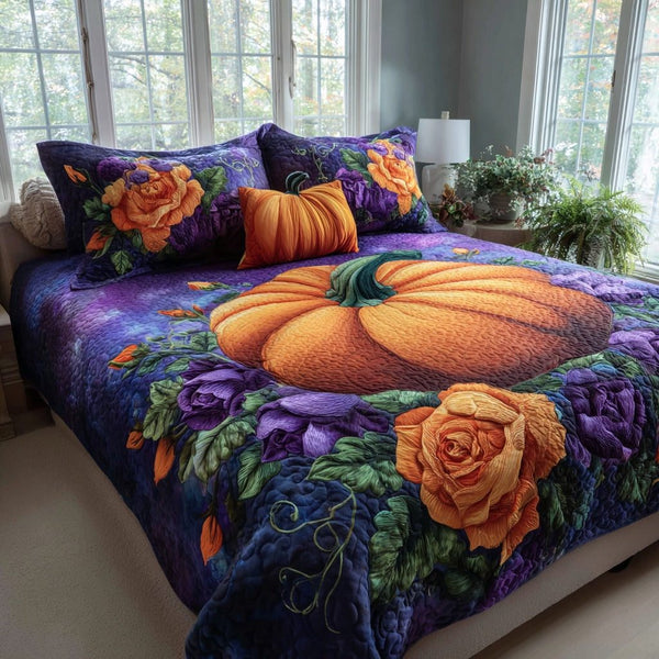 Purple Harvest quilted 3-piece bedding set on a made bed with two matching pillow shams