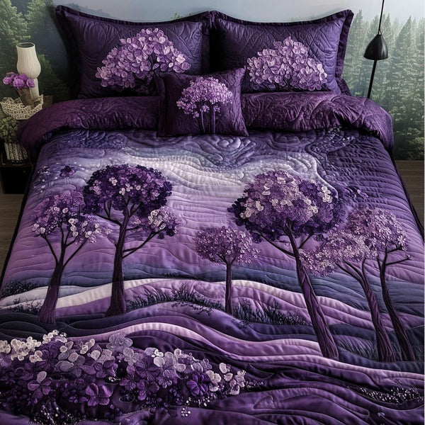 Purple Horizons quilted 3-piece bedding set on a made bed with two matching pillow shams