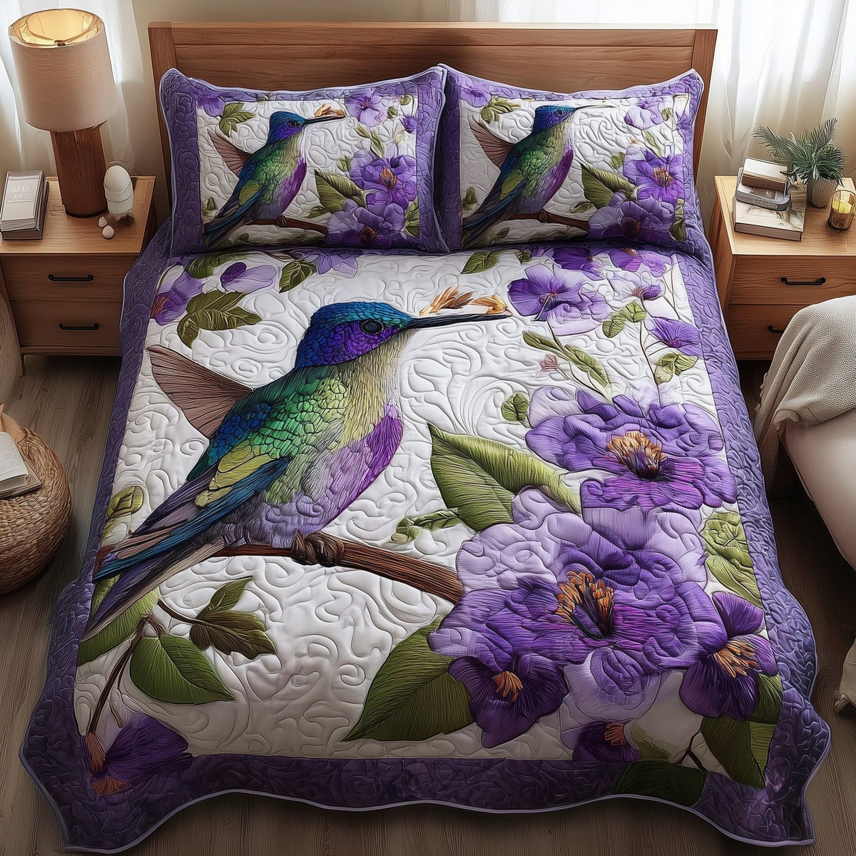 Purple Hummingbird Dancing quilted 3-piece bedding set on a made bed with two matching pillow shams