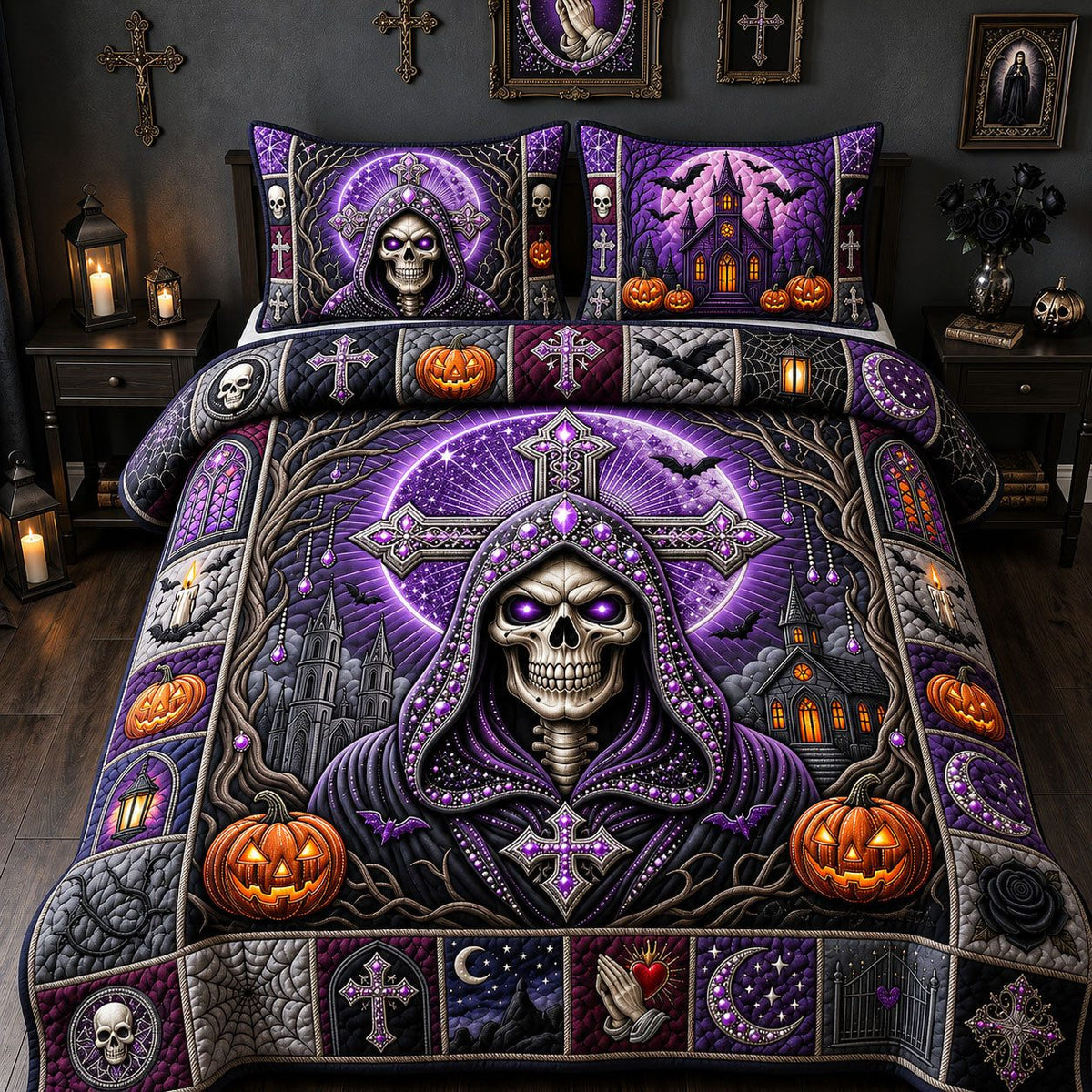 Purple Jeweled Skull quilted 3-piece bedding set on a made bed against a dark styled interior