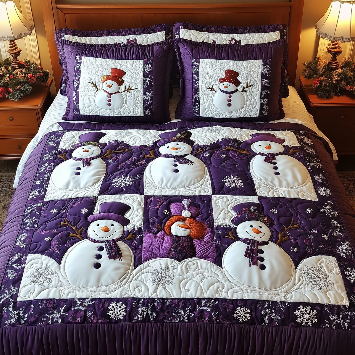 Purple Joy quilted 3-piece bedding set on a made bed with two matching pillow shams