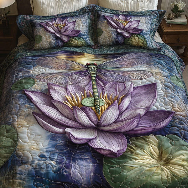 Purple Lotus Harmony quilted 3-piece bedding set on a made bed with two matching pillow shams