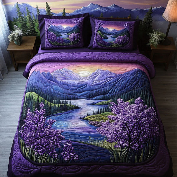 Purple Mirage quilted 3-piece bedding set on a made bed with two matching pillow shams
