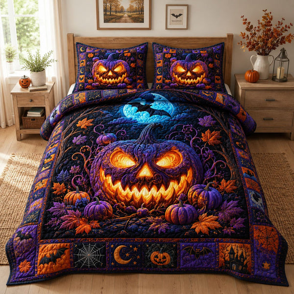 Purple Moon Pumpkin Glow quilted 3-piece bedding set on a made bed against a dark styled interior