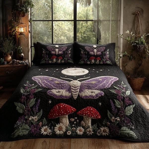 Purple Moth quilted 3-piece bedding set on a made bed with two matching pillow shams
