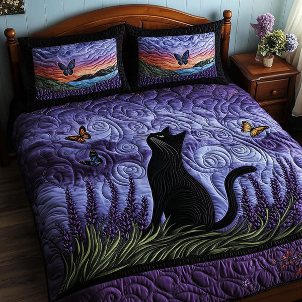Purple Night Stalker quilted 3-piece bedding set on a made bed with two matching pillow shams