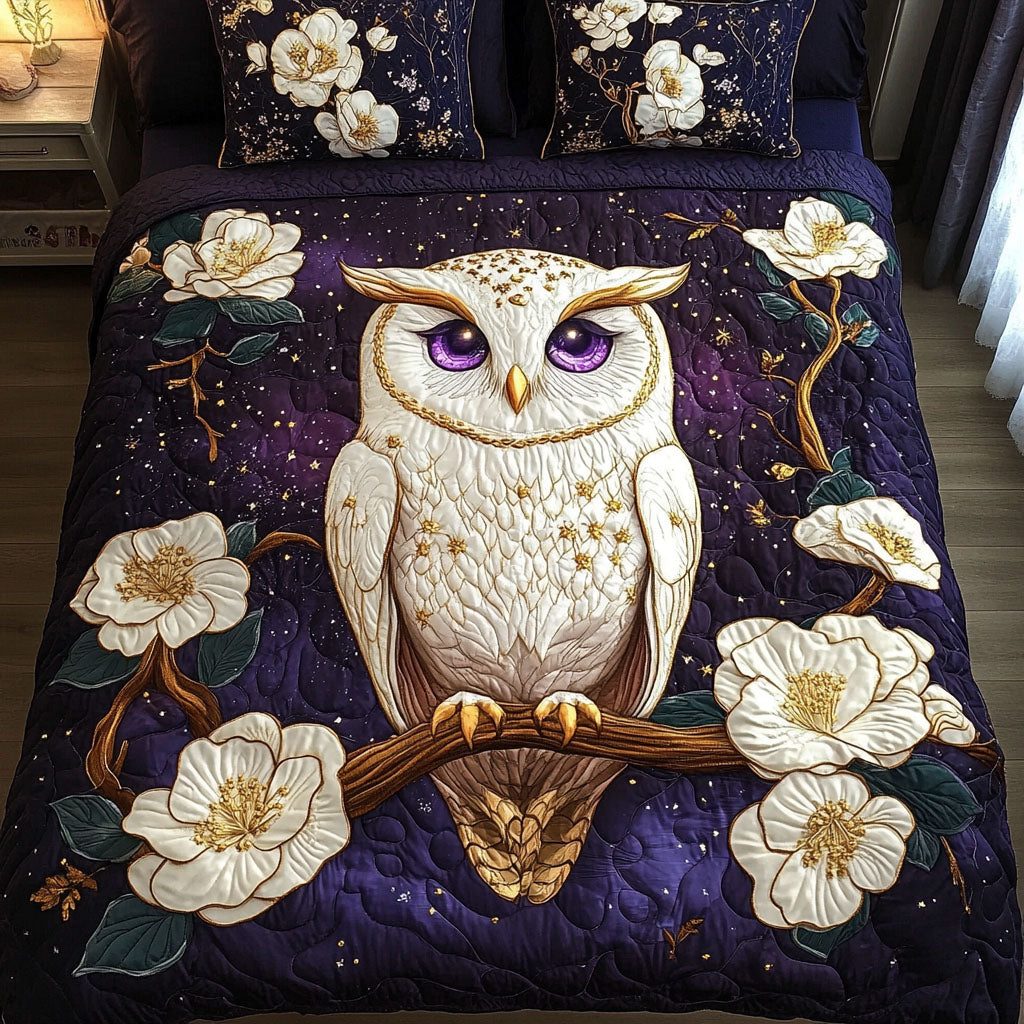 Purple Owl quilted 3-piece bedding set on a made bed with two matching pillow shams