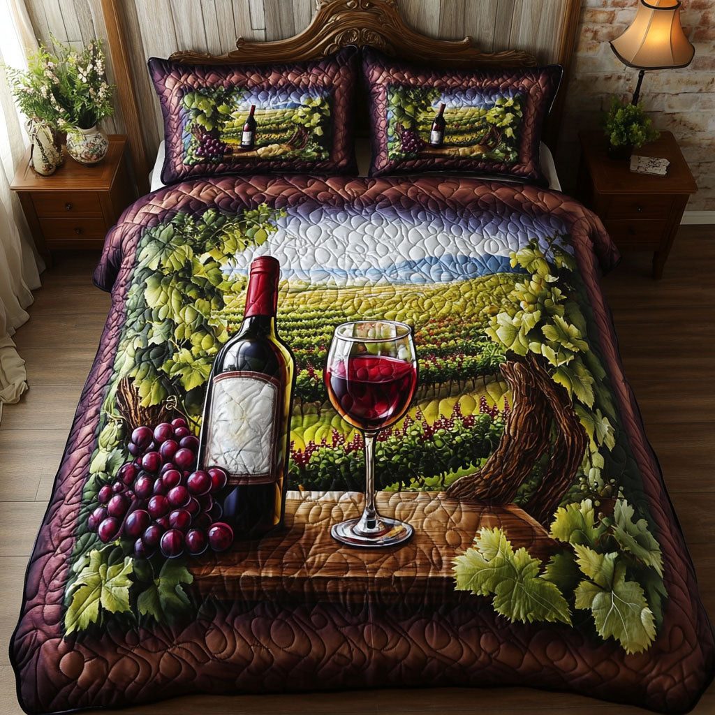 Purple Paradise quilted 3-piece bedding set on a made bed with two matching pillow shams