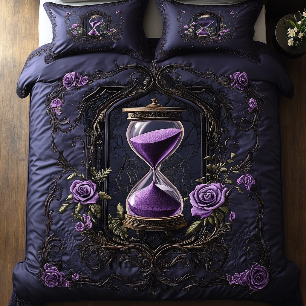 Purple Passion Bloom quilted 3-piece bedding set on a made bed with two matching pillow shams