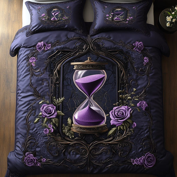 Purple Passion Bloom quilted 3-piece bedding set on a made bed with two matching pillow shams